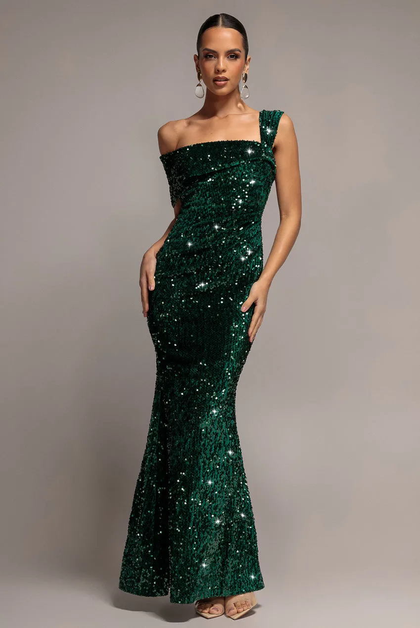 Goddiva Asymmetric Off Shoulder Pleated Waist abito maxi verde