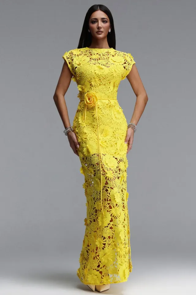Bella Barnett Martha abito maxi giallo pizzo floreale