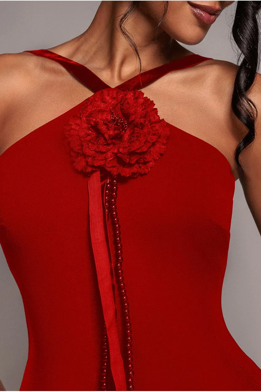 Goddiva Racer Neck Corsage abito maxi rosso scuba attillato
