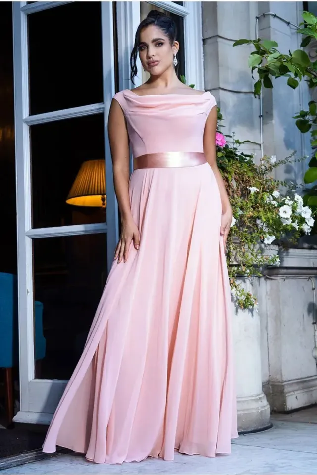 Goddiva Cowl Neck abito maxi rosa blush chiffon