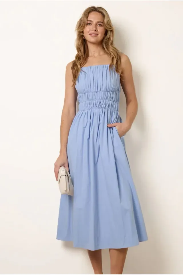 Blue Vanilla Strappy abito midi azzurro cotone shirred