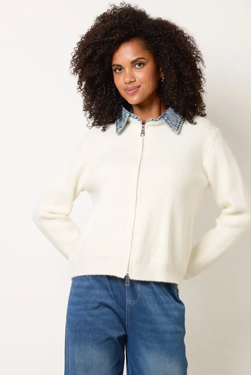 Blue Vanilla Cardigan Maglia Avorio Collo Denim Manica Lunga