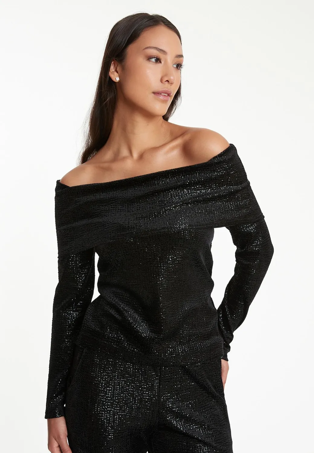 Ana Alcazar Tajasa top Carmen nero paillettes elegante
