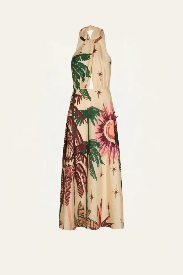 Johanna Ortiz Western Elements abito midi lino ecru ricamato