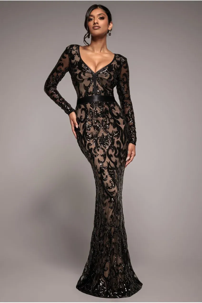 Goddiva abito maxi sera paillettes nero ricamato scollo V