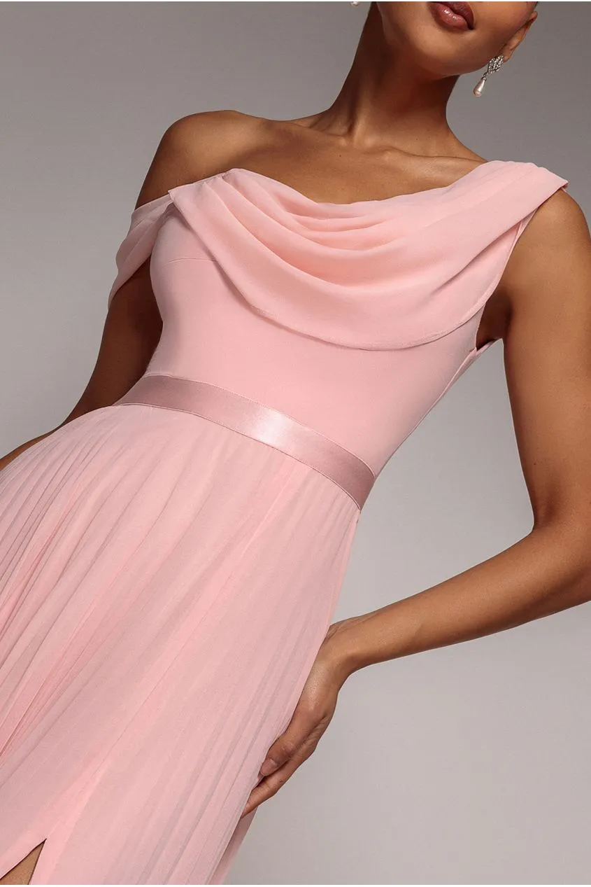 Goddiva Cowl Neck One Shoulder abito lungo rosa cipria chiffon