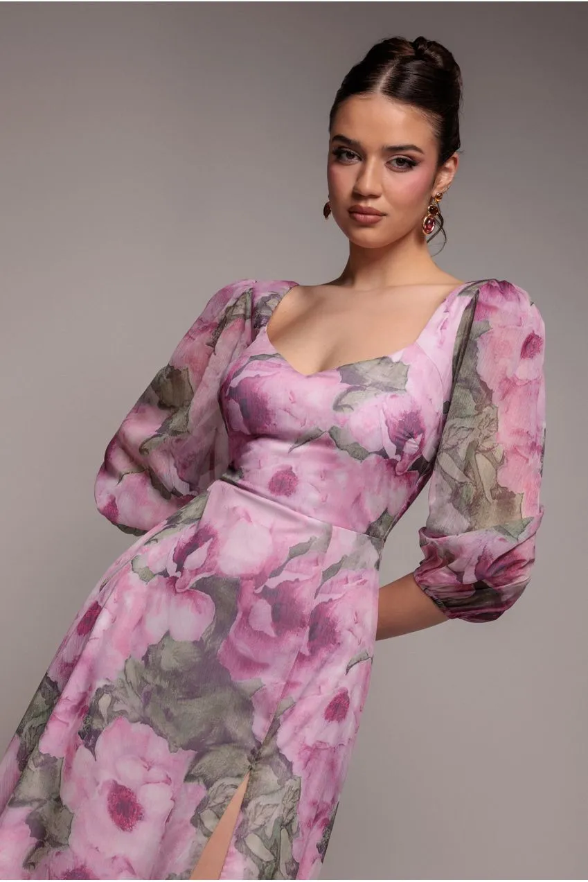 Goddiva abito chiffon rosa cipria floreale spacco