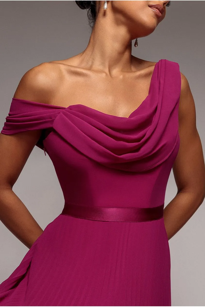 Goddiva Cowl Neck One Shoulder maxi abito chiffon magenta