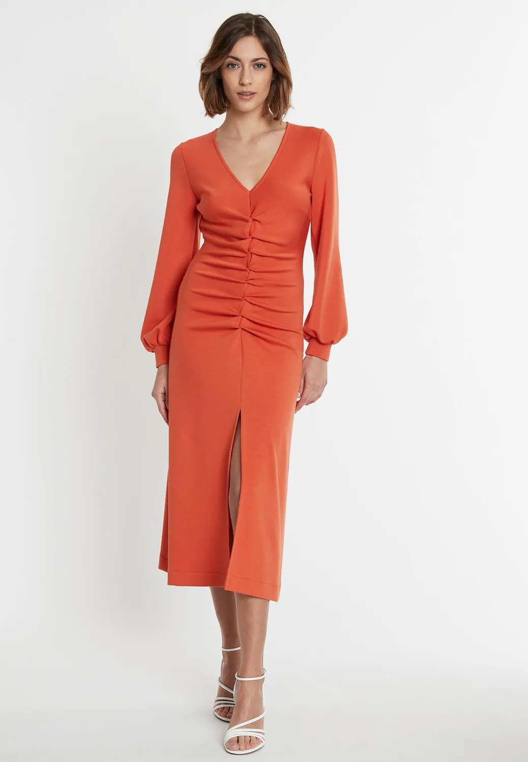 Ana Alcazar Sedona abito midi jersey arancione scollo V