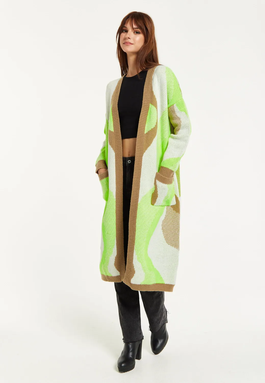 Liquorish cardigan lungo marrone verde tasche aperte