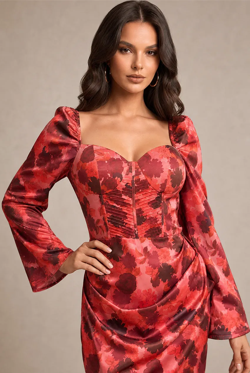 Chi Chi London abito mini rosso floreale maniche lunghe