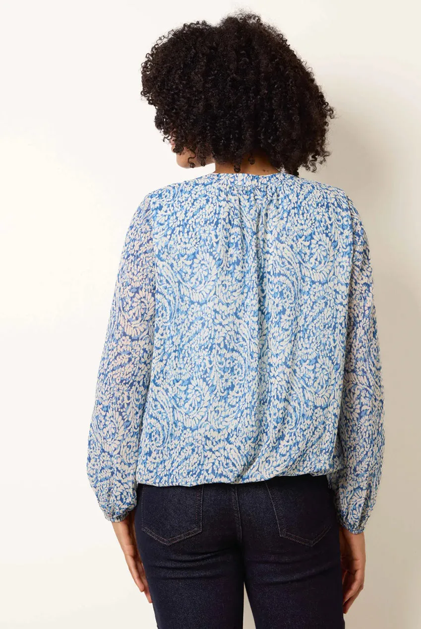 Blue Vanilla Grandad camicetta blu fantasia collo annodato