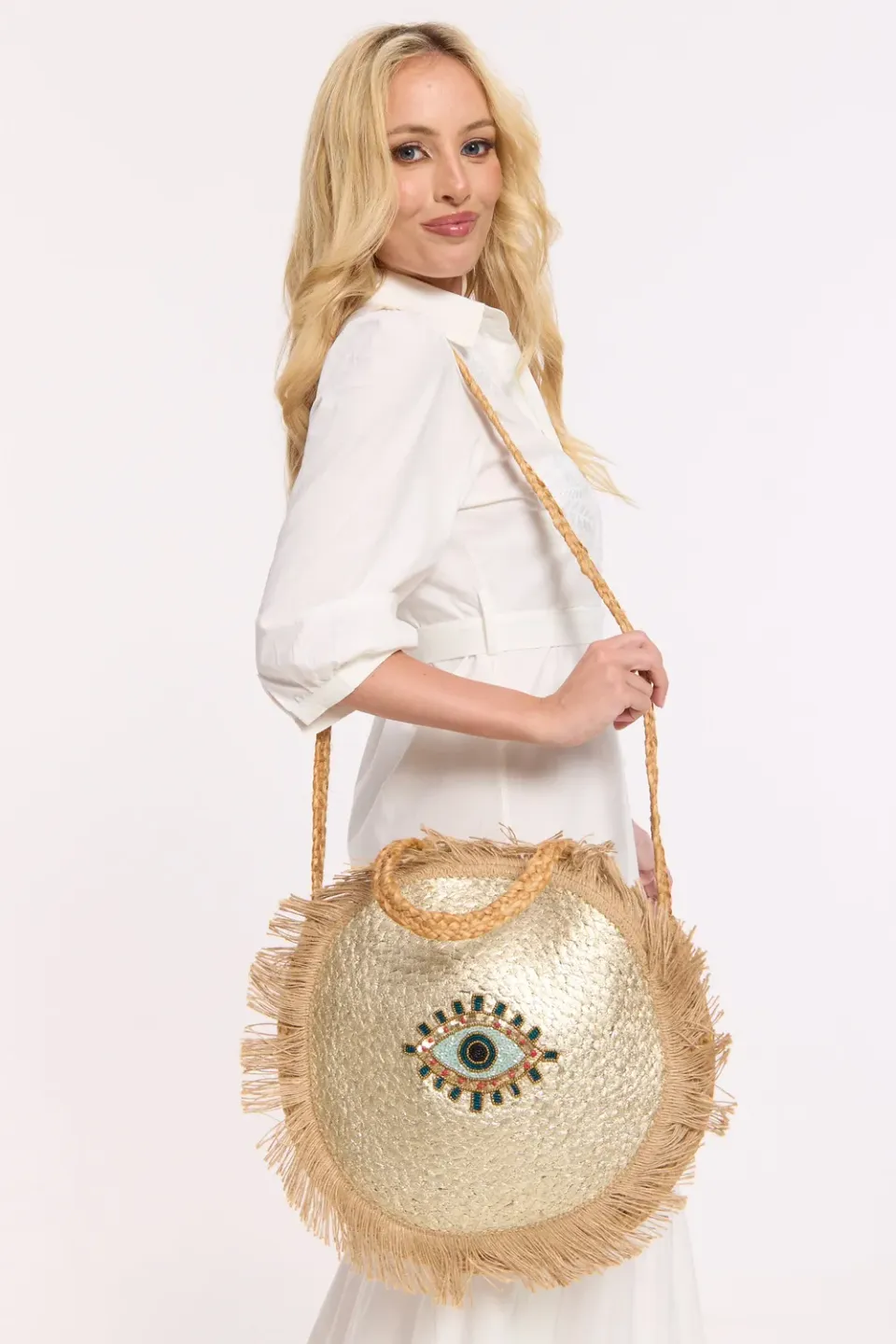 Liquorish Evil Eye borsa juta naturale rotonda