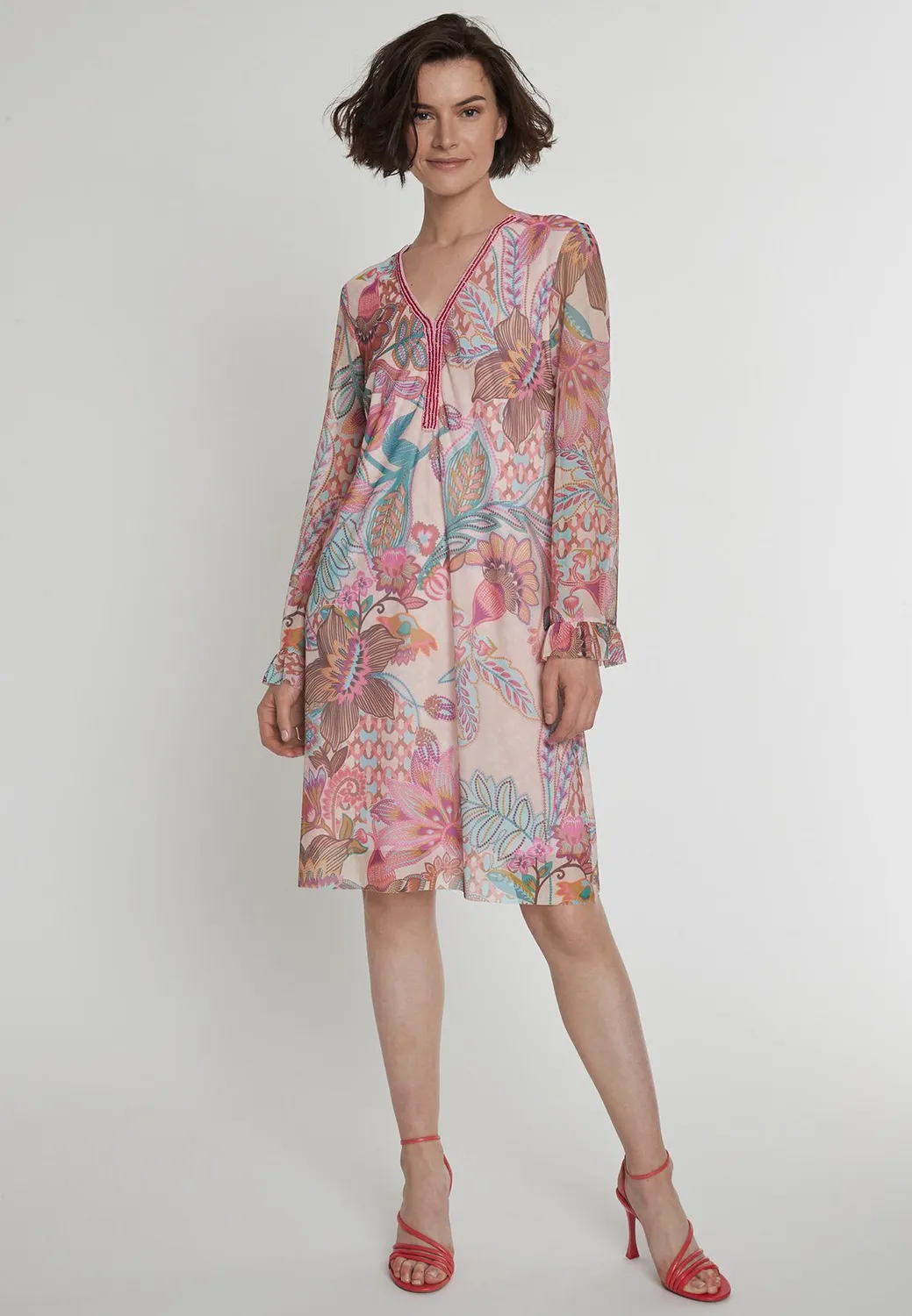 Ana Alcazar Pelia vestito tunica rosa floreale corto