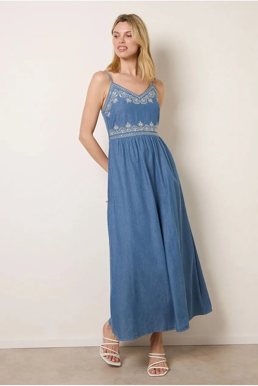 Blue Vanilla abito maxi ricamo floreale denim blue cotone