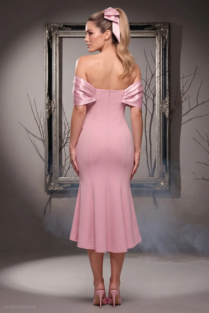 Goddiva Bardot Pageant Princess abito midi rosa blush attillato