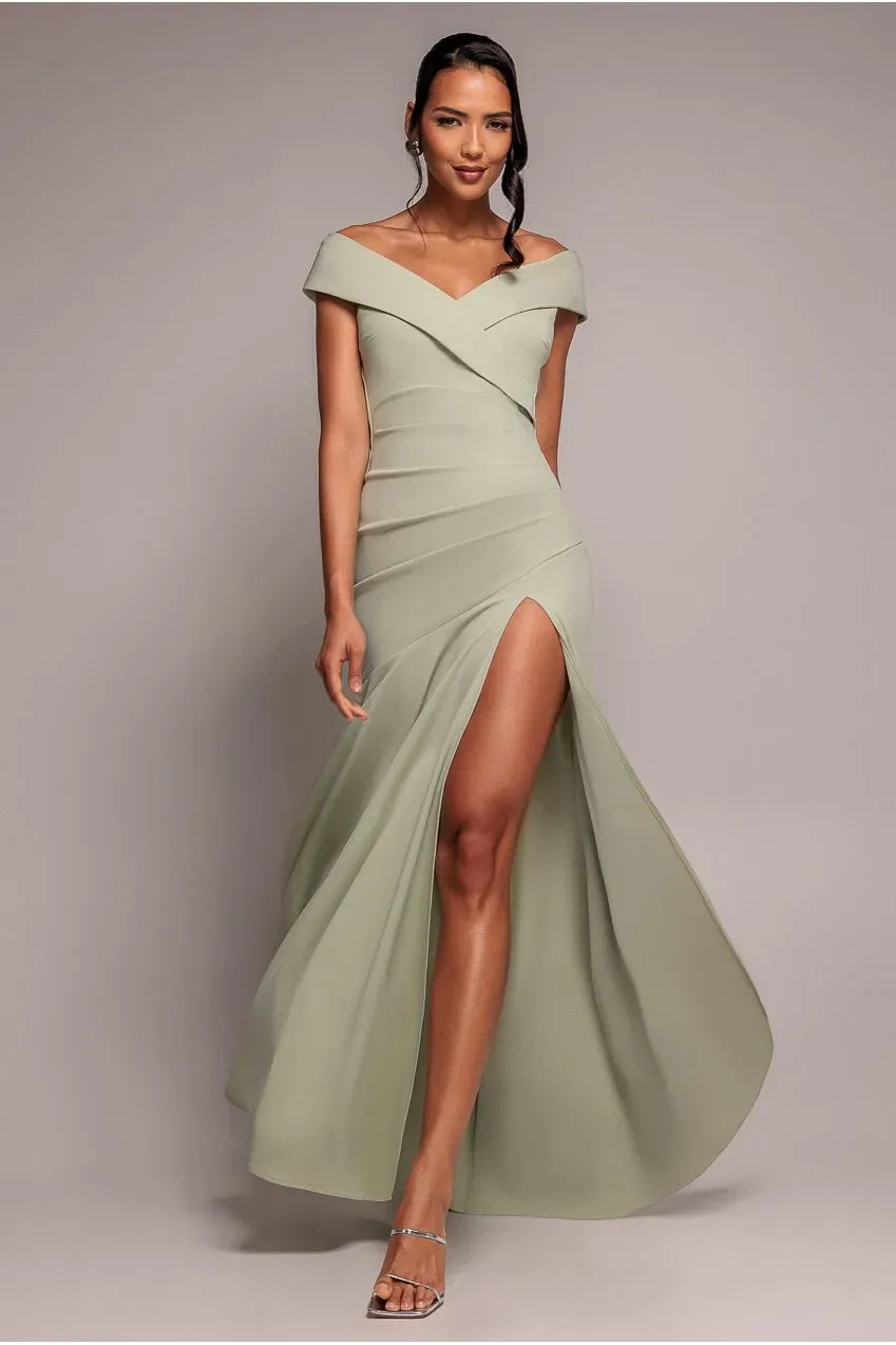 Goddiva Off Shoulder Split abito maxi verde salvia scuba
