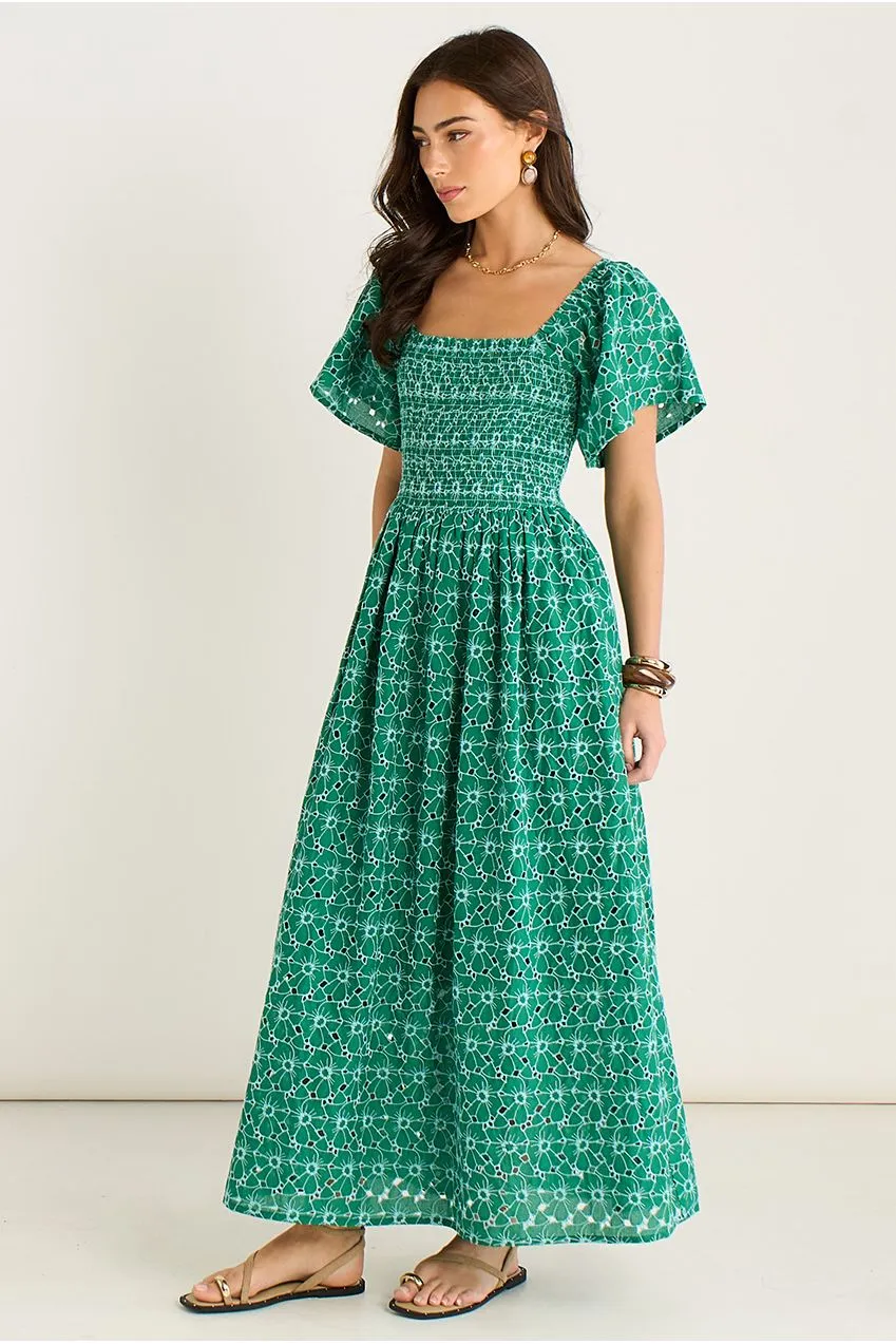 Gini London Shirred abito midi verde broderie fiori