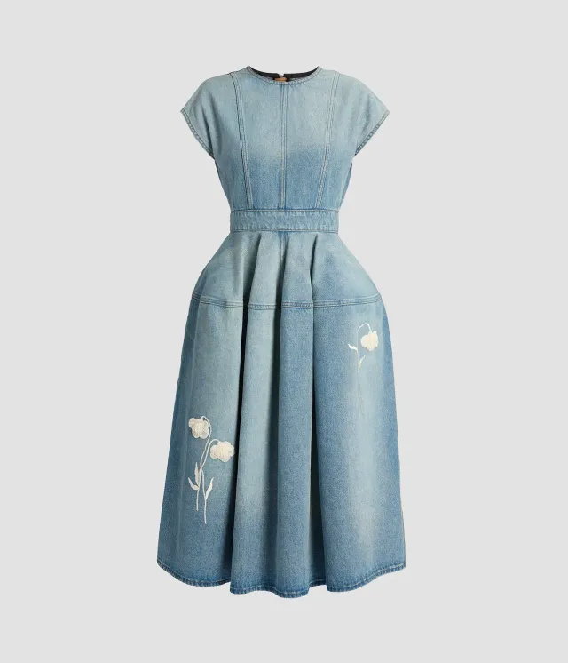 Erdem Embroidered Denim Short Sleeve Midi Dress abito midi papaveri