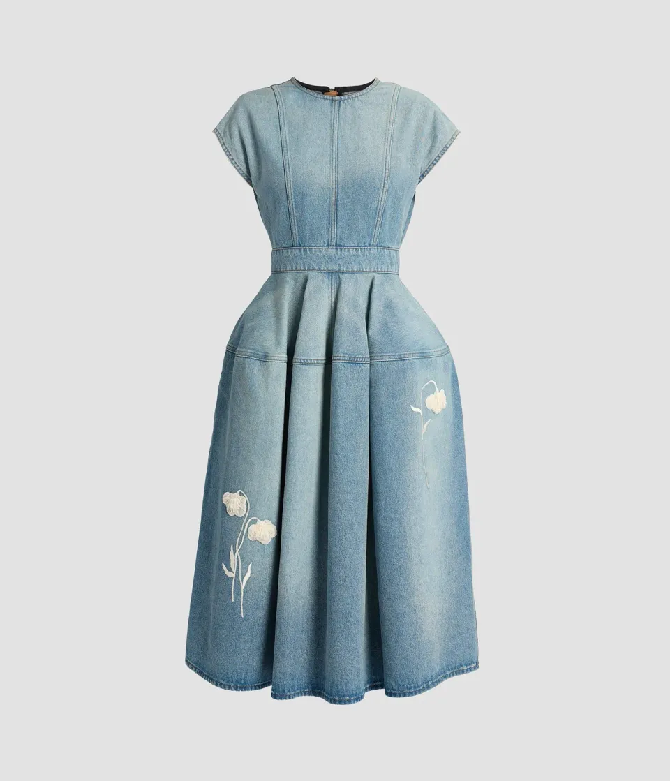 Erdem Embroidered Denim Short Sleeve Midi Dress abito midi papaveri