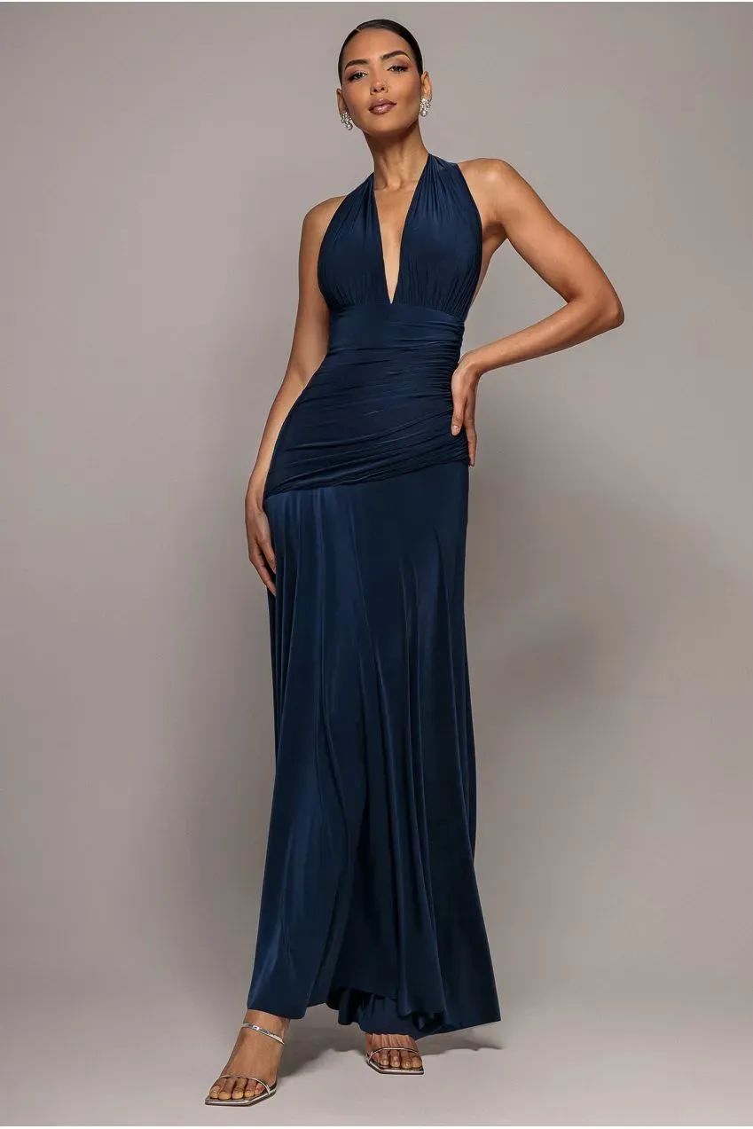 Goddiva Halter Empire abito maxi blu vita impero