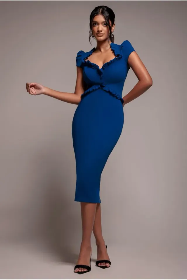 Goddiva Frill Edge abito midi blu royal bodycon