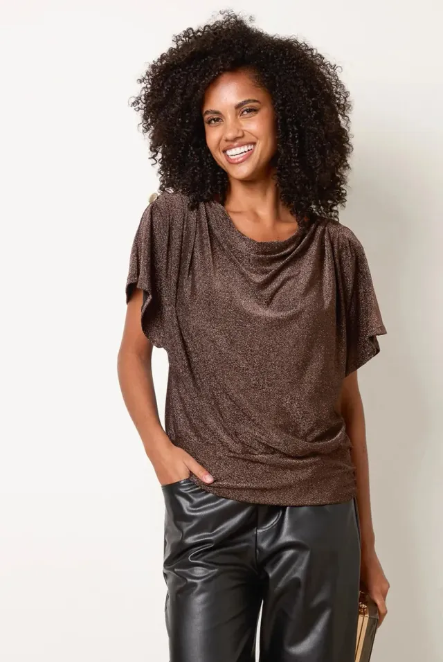 Blue Vanilla Draped Cowl top bronzo S/M metallizzato
