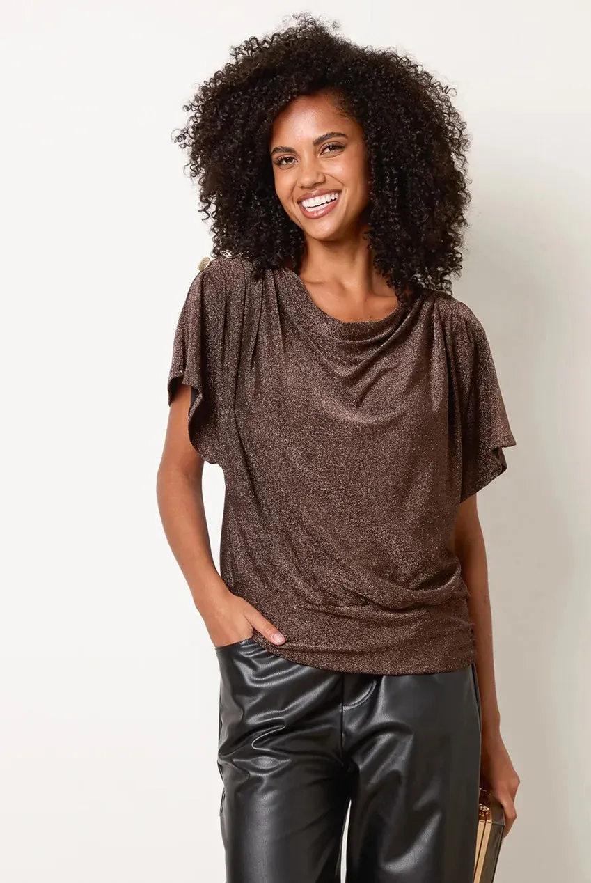 Blue Vanilla Draped Cowl top bronzo S/M metallizzato