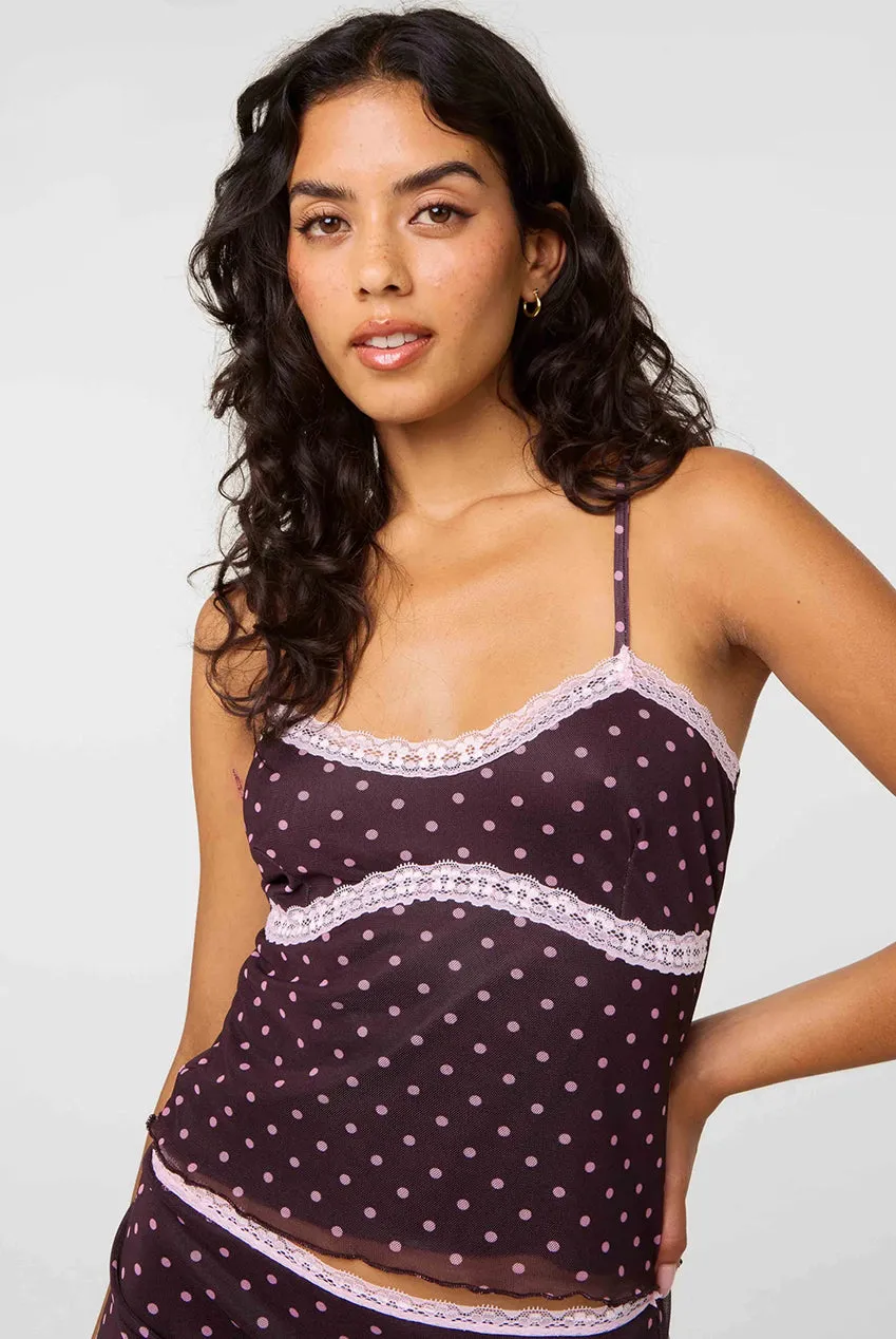 Pink Vanilla Polka Dot canotta cioccolato pizzo