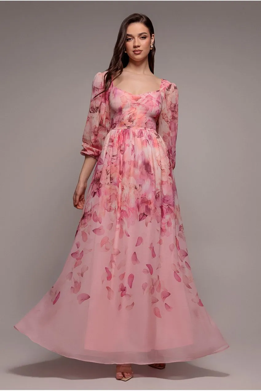 Goddiva DR5131 abito lungo rosa cipria floreale chiffon