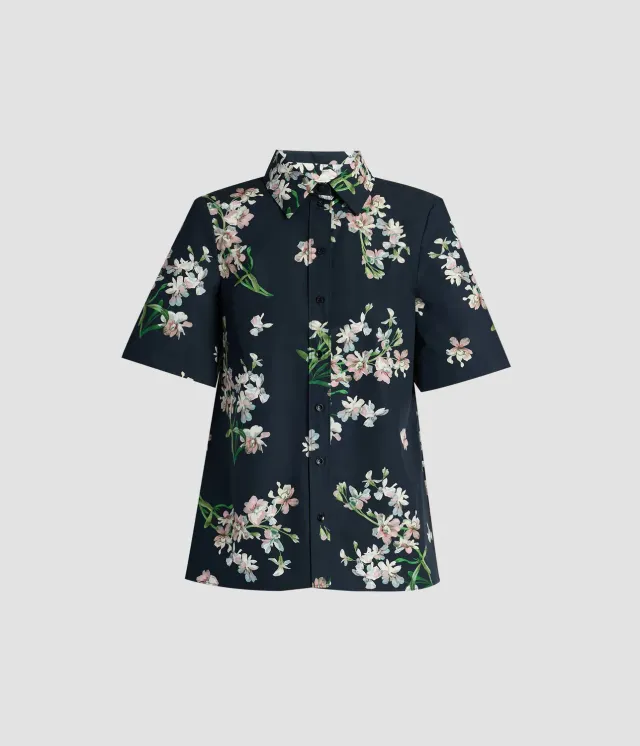 Erdem Camicia Floreale Cotone Maniche Corte Blu Navy