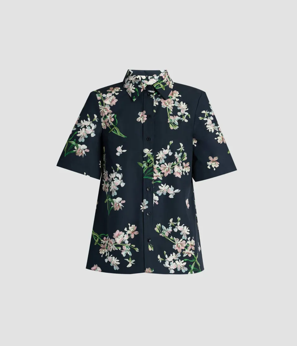 Erdem Camicia Floreale Cotone Maniche Corte Blu Navy