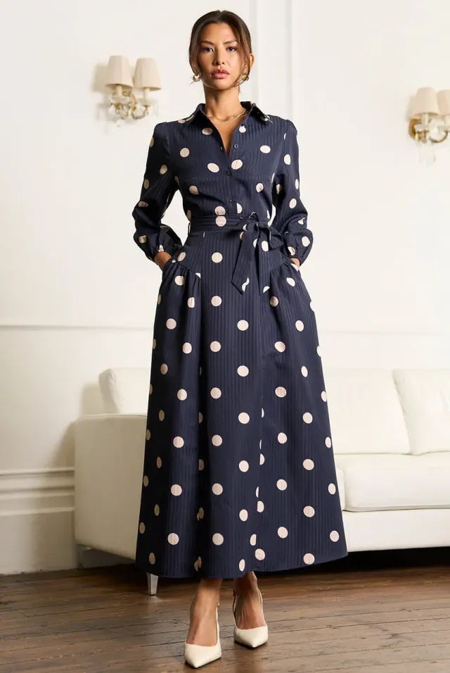 Gini London abito blu navy pois jacquard svasato