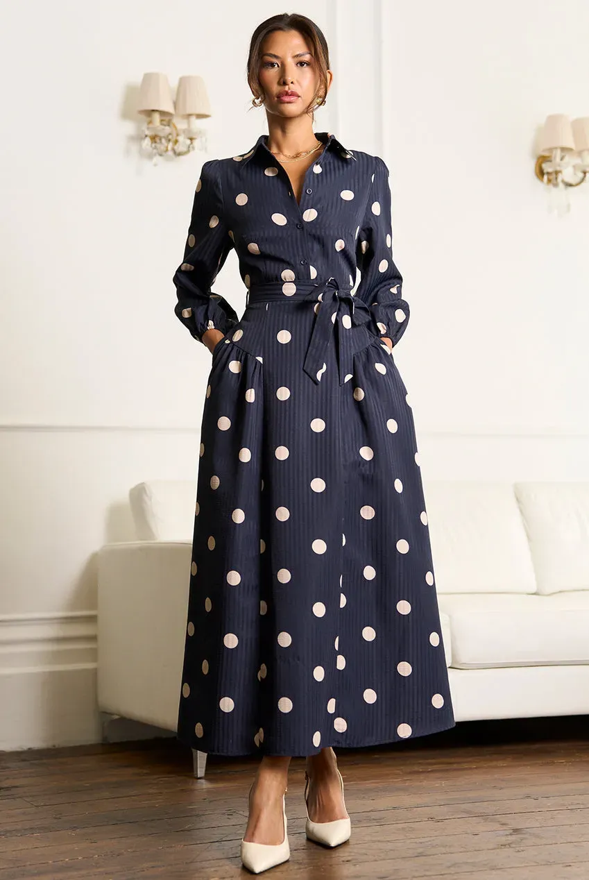 Gini London abito blu navy pois jacquard svasato
