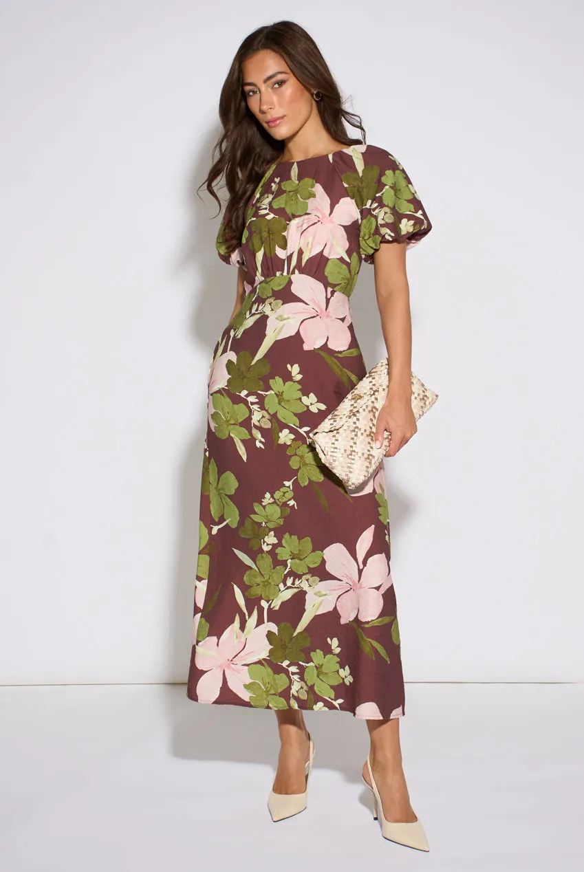 Gini London Floral Puff abito midi marrone fiori 8-16