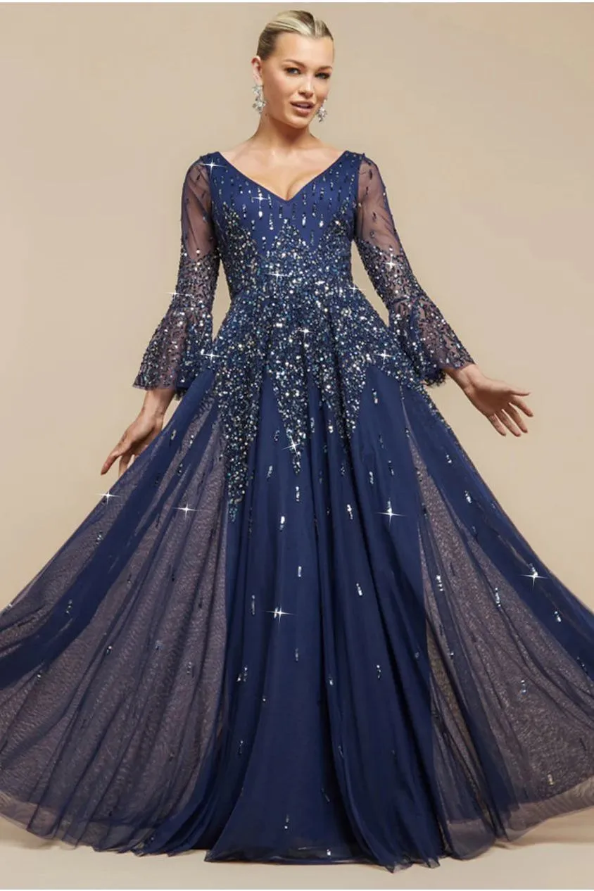 Goddiva Sunray abito maxi blu navy paillettes scollo V