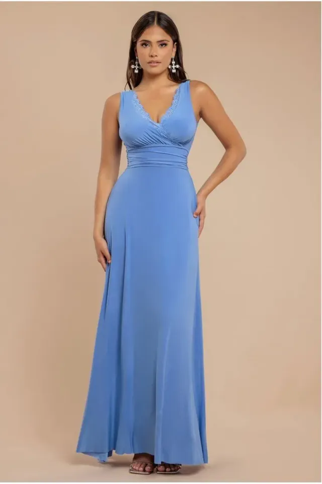 Goddiva DR4120 Abito Maxi Pizzo Blu Fiordaliso