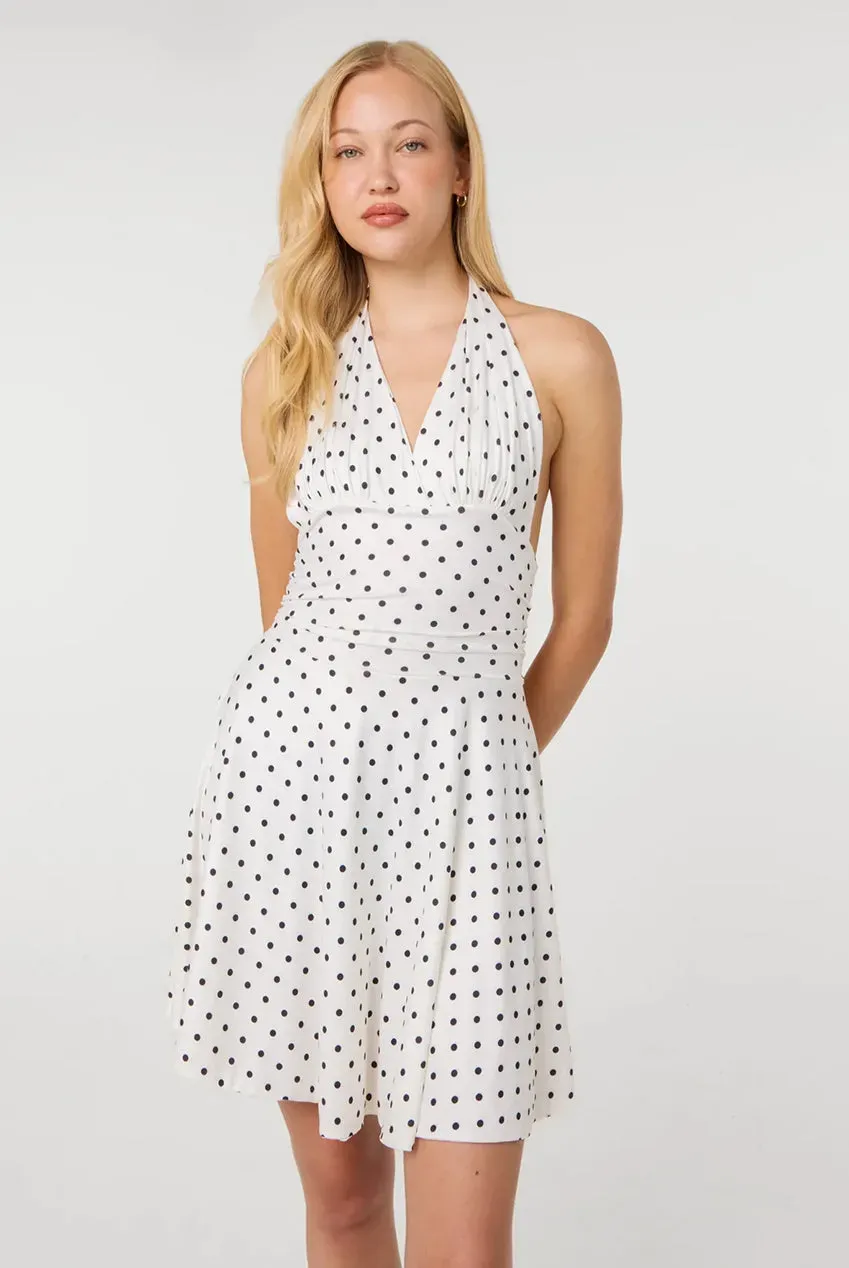 Pink Vanilla Polka Dot abito mini avorio halter slinky