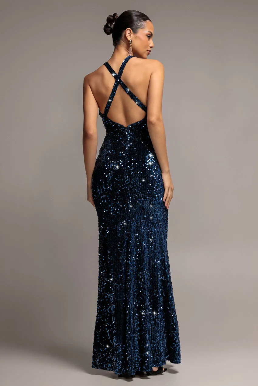 Goddiva Sequin Velvet V Neck Cross Back abito lungo navy paillettes