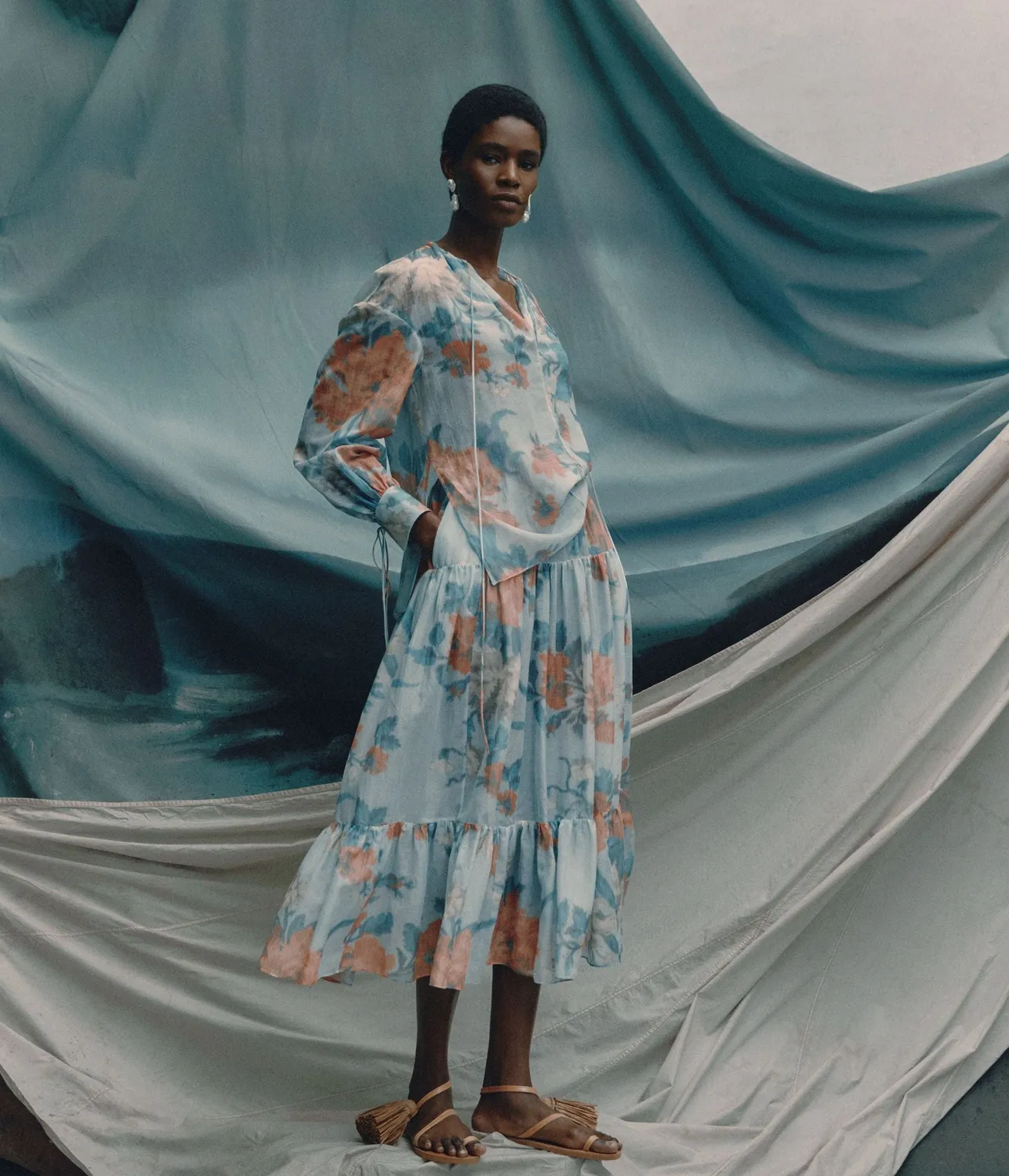 Erdem Gonna Midi Floreale Voile Cotone Seta Blu