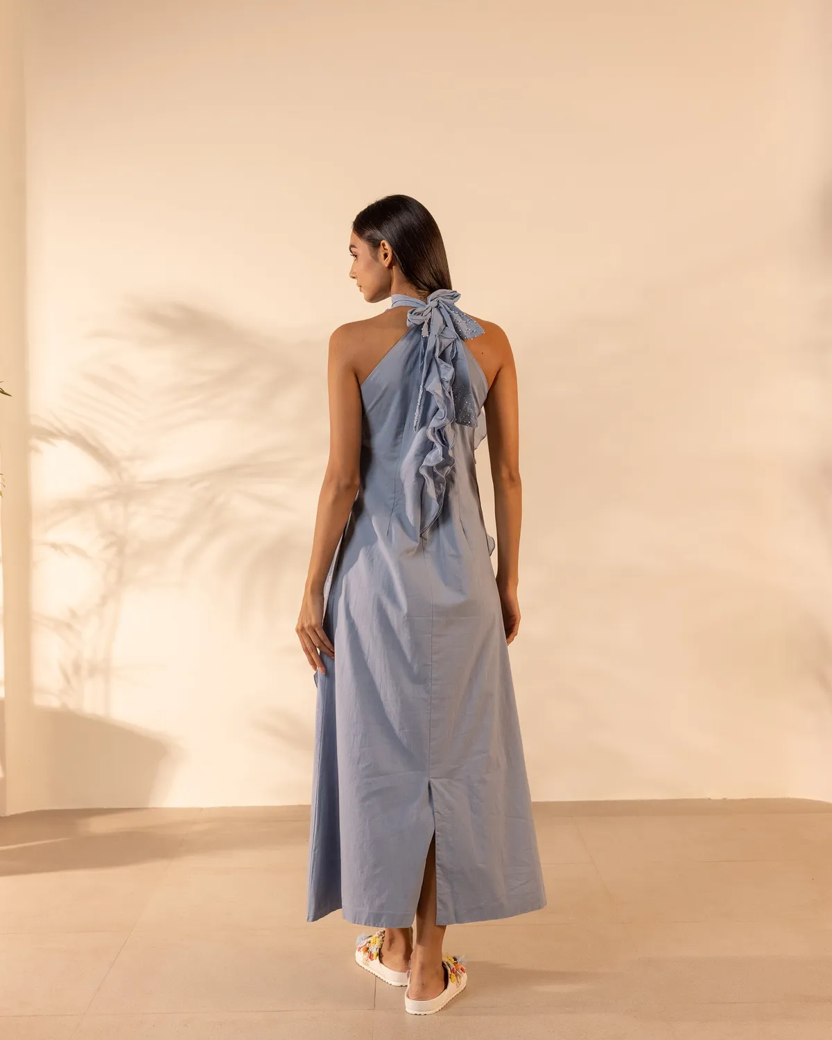 Our Dve Tangerine Sunny Side vestito azzurro balze cotone