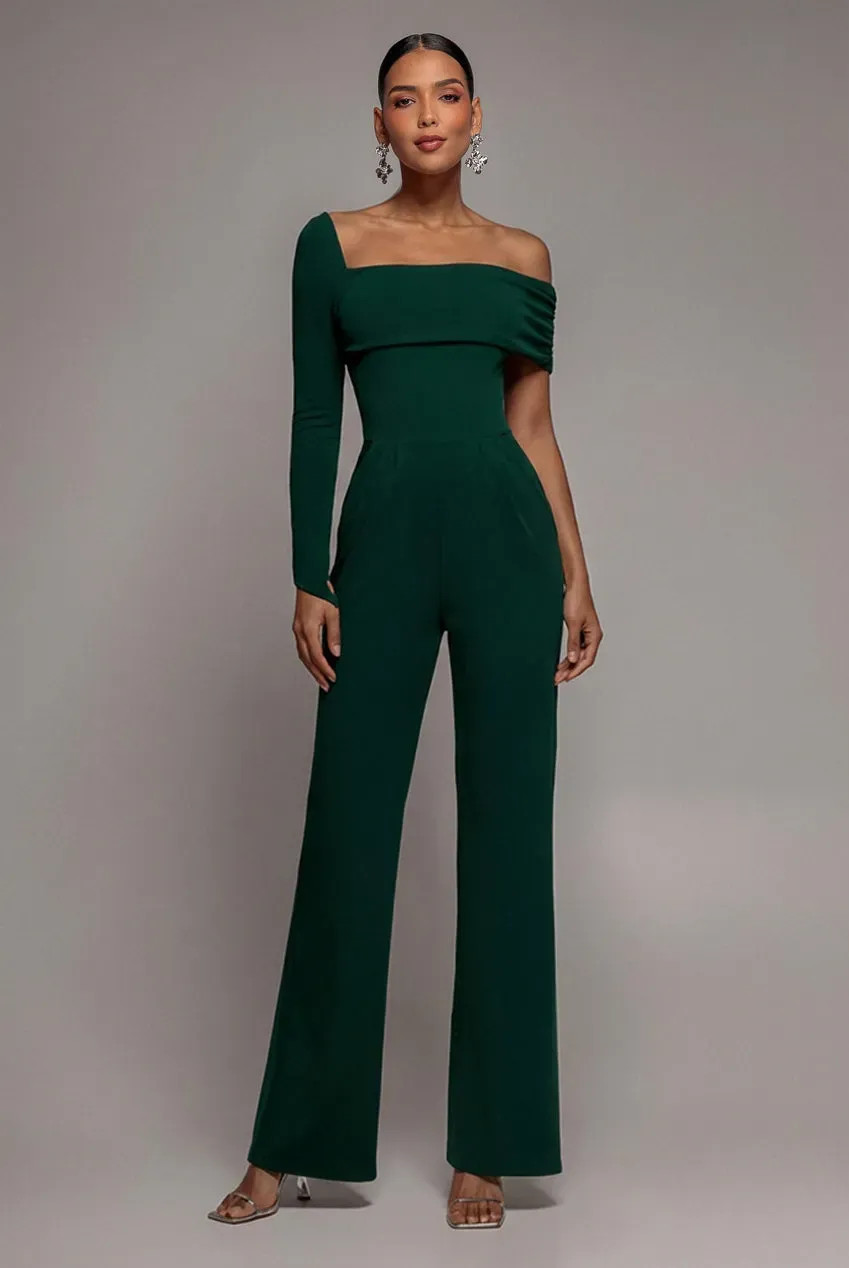 Goddiva One Shoulder tuta jumpsuit verde smeraldo scuba