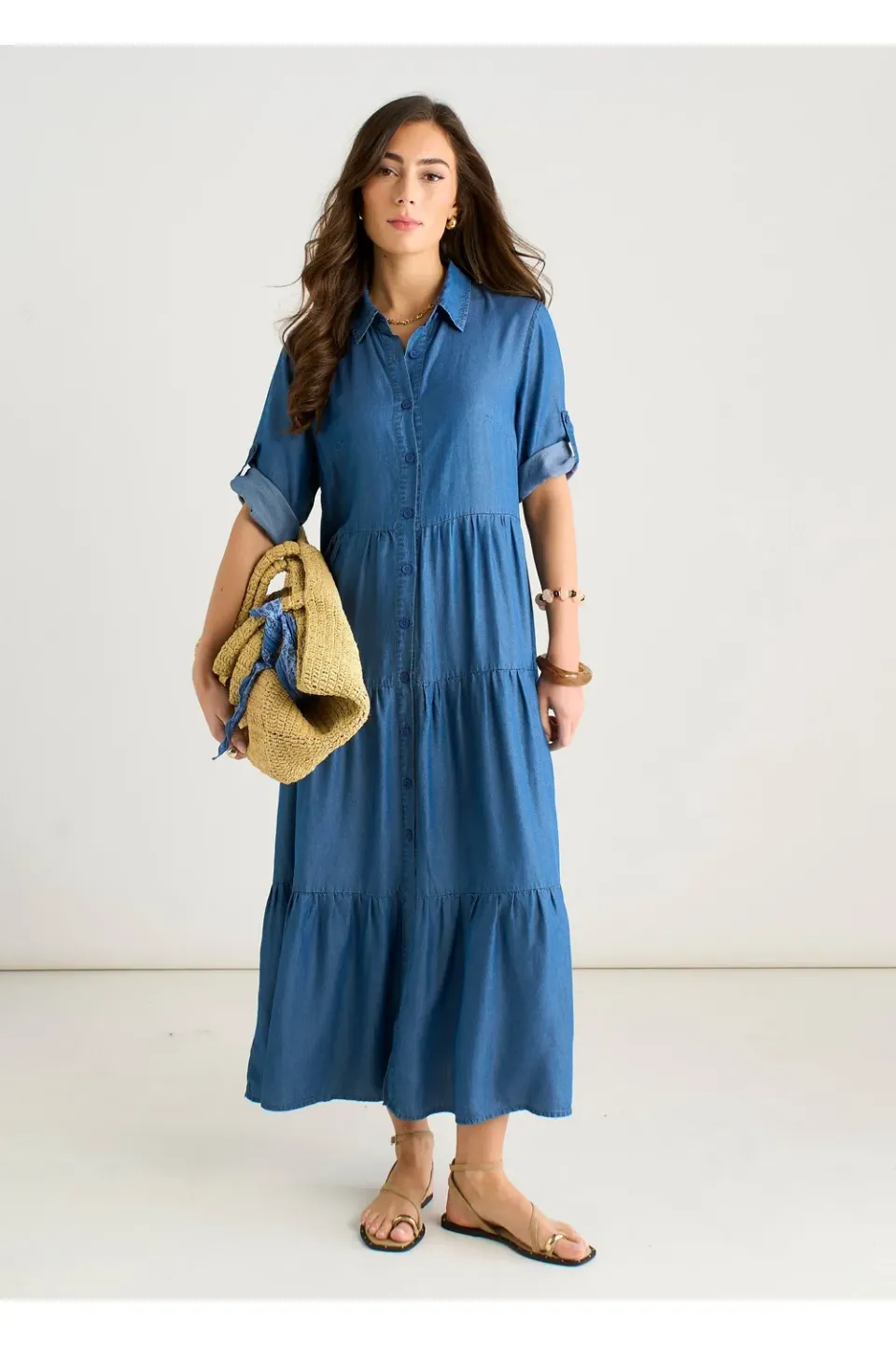 Gini London camicia abito midaxi blu chambray bottoni