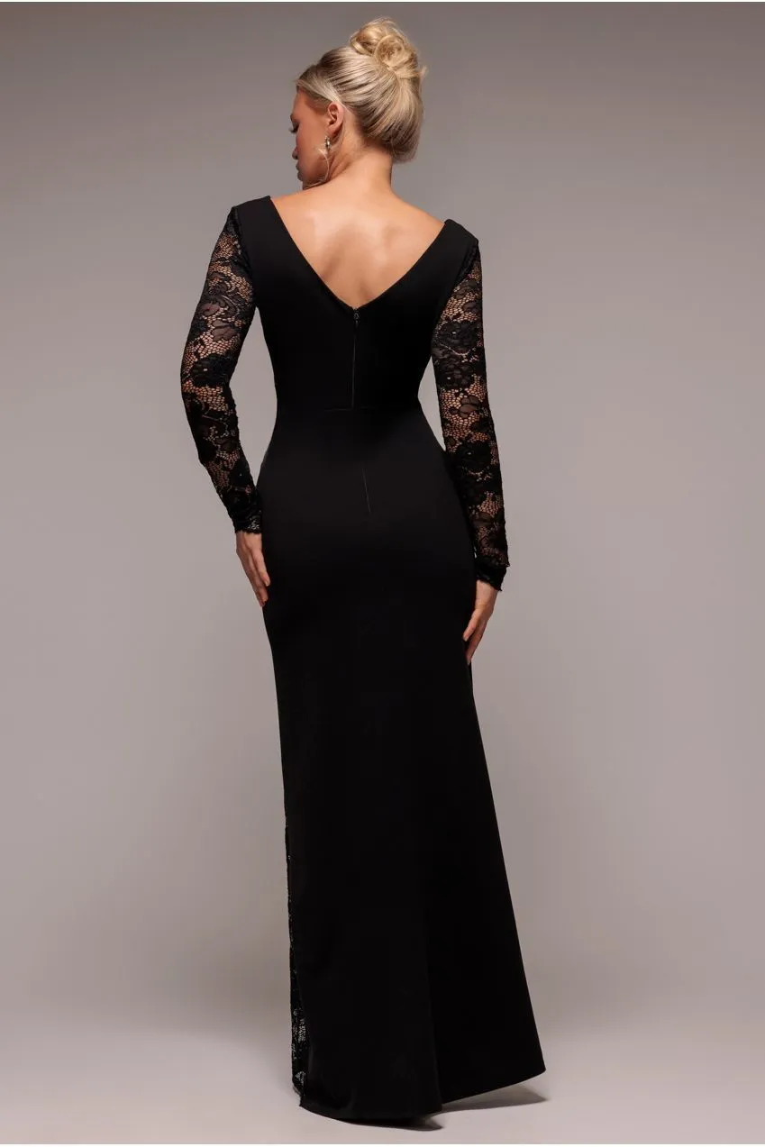 Goddiva Scuba Lace Wrap abito maxi nero pizzo DR4366
