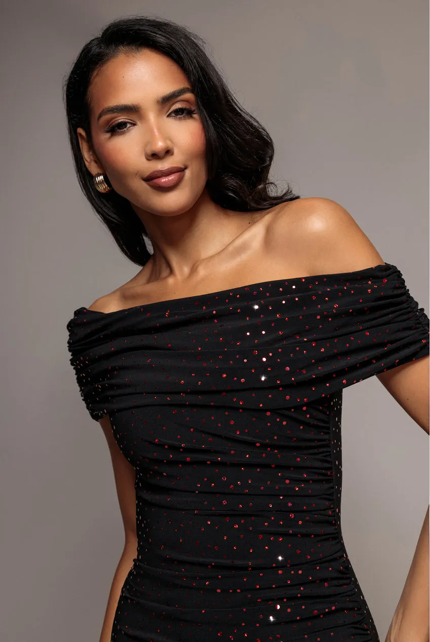 Goddiva One Shoulder Fit and Flare abito maxi paillettes nero rosso