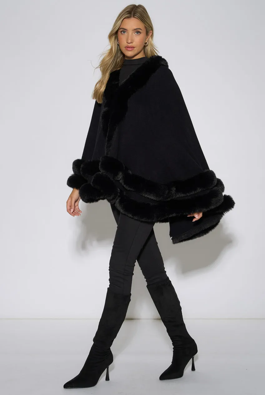 Gini London Double Layer Fur Trim mantella nera elegante