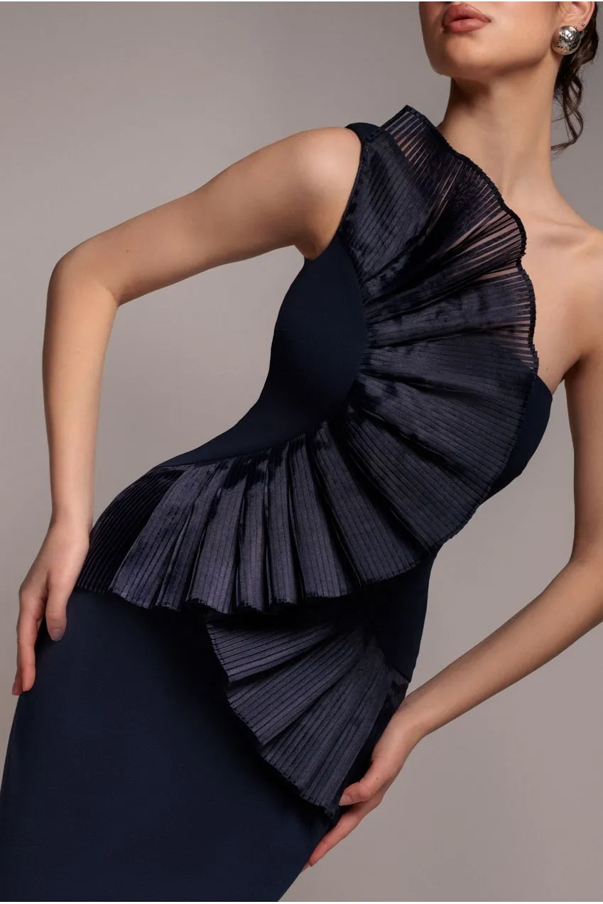 Goddiva One Shoulder Pleated Fan abito maxi blu navy