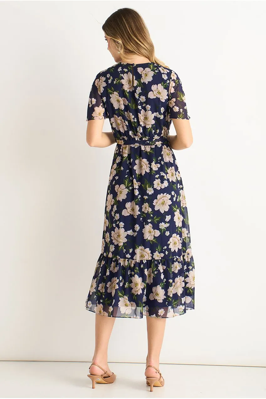 Gini London abito midi floreale navy svasato