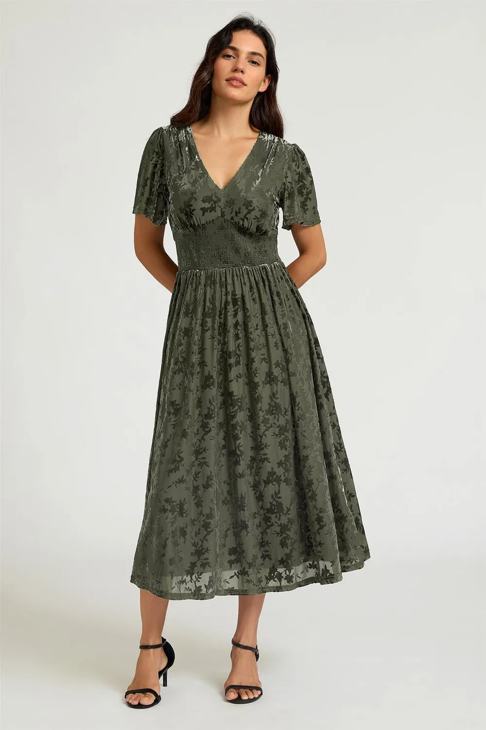 FS Collection abito midi velluto devoré verde salvia