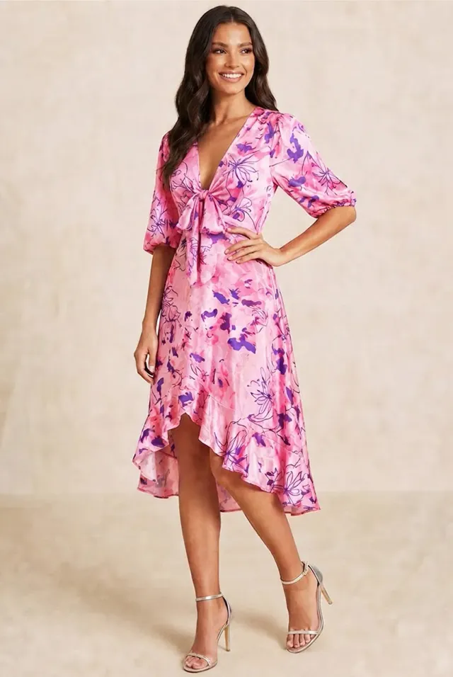 Chi Chi London Tie Front abito midi rosa fantasia